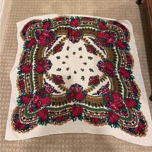 Floral Square Scarf with Red and Green Accents